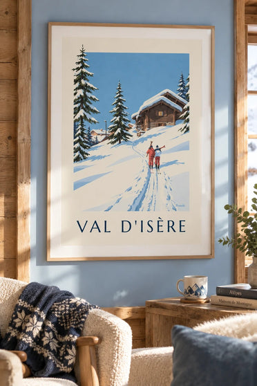 Plakát Val d'Isère, lyžaři ve sněhu : v rámu na zdi