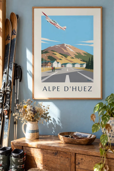 Plakát altiportu v Alpe d'Huez : v rámu na zdi