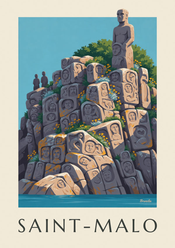 Plakát vytesaných skal Rothéneuf v Saint-Malo