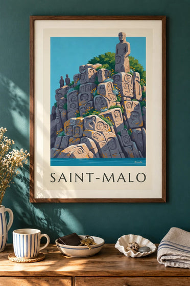 Plakát vytesaných skal Rothéneuf v Saint-Malo : v rámu na zdi