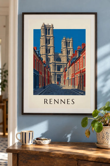 Plakát Rennes, katedrála Saint-Pierre a její věže : v rámu na zdi