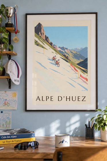 Plakát Alpe d'Huez, horská kola na sněhu : v rámu na zdi