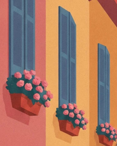 Blue shutters and window boxes of pink flowers on the colourful façades