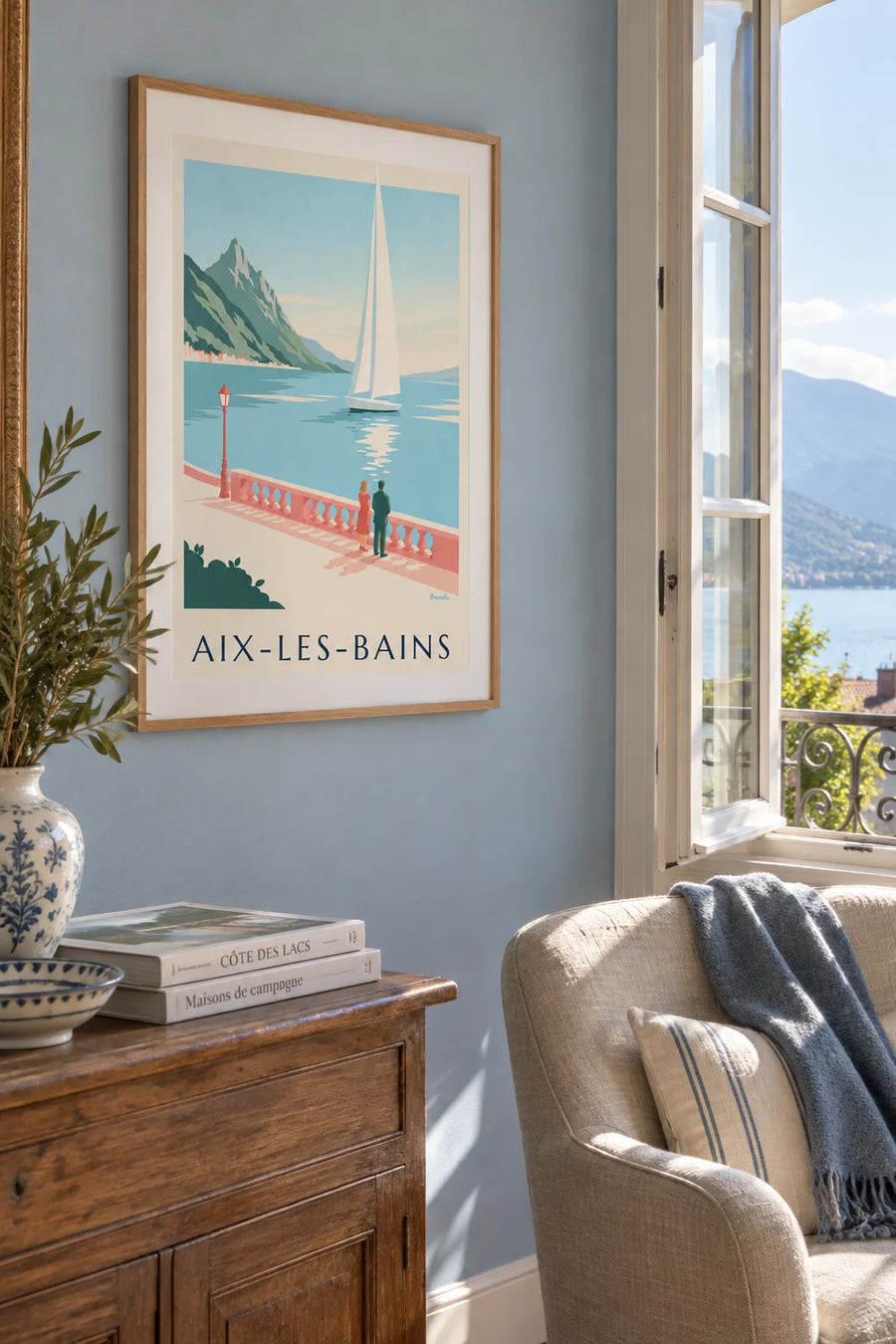 Affiche voilier sur le lac du Bourget à Aix-les-Bains : encadrée au mur