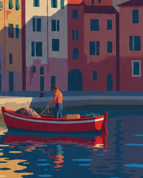 A red rowing boat with a fisherman standing inside, facing the shaded pink façades
