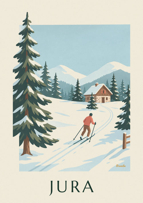 Affiche ski de fond dans les forêts de sapins du Jura : l'affiche entière