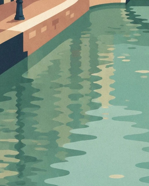 Les reflets ondulants vert d’eau et crème dans le canal, au pied du quai de briques