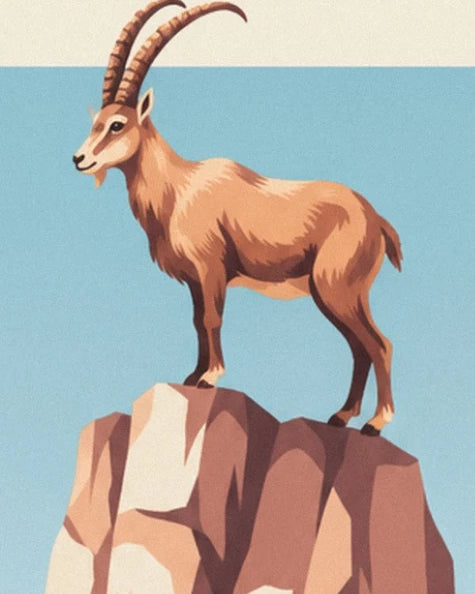 The tawny ibex with long curved horns, standing firmly on its rock