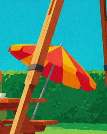 The wooden tripod leg in front of a red and yellow parasol and a picnic table