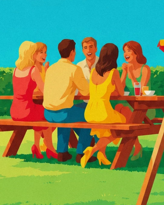 The group of friends in colourful outfits around a picnic table