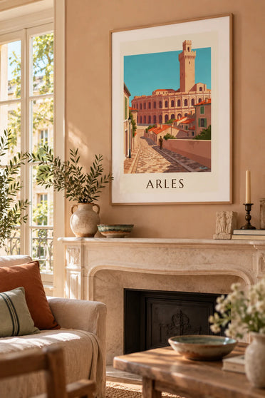 Plakát s římským amfiteátrem v Arles a starým městem v Provence: v rámu na zdi