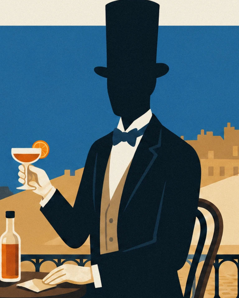 The man in a top hat and bow tie, holding a glass of orange apéritif