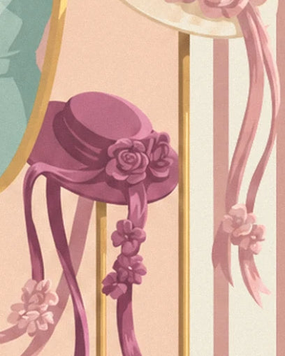 A mauve hat decorated with roses and long floral ribbons on its stand