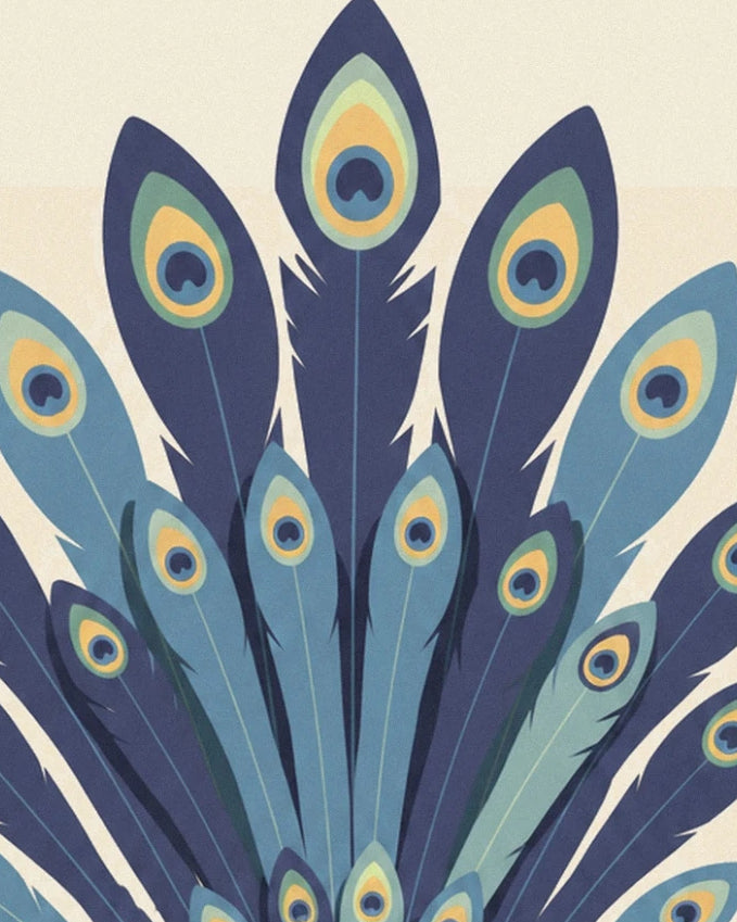 The peacock’s raised feathers, with dark blue eyespots ringed in yellow and green