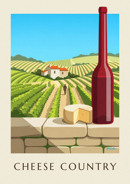 Plakát farmářského sýra a červeného vína před vinicemi: celý plakát