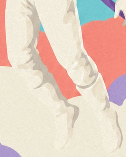 Les jambes de l’astronaute en combinaison ivoire, parmi les nébuleuses corail et mauves