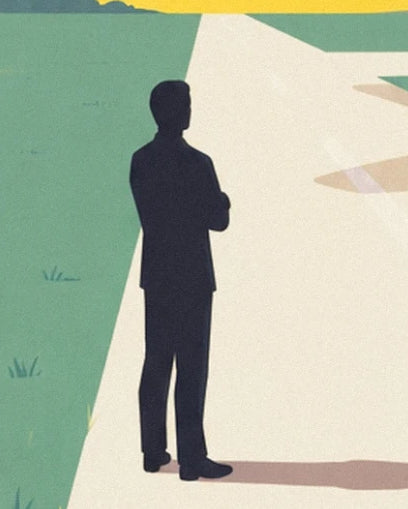 The dark figure of a man standing with folded arms at the edge of the runway