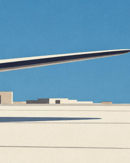 A tapered wing above the tarmac, with the airport buildings in the distance beneath the blue sky