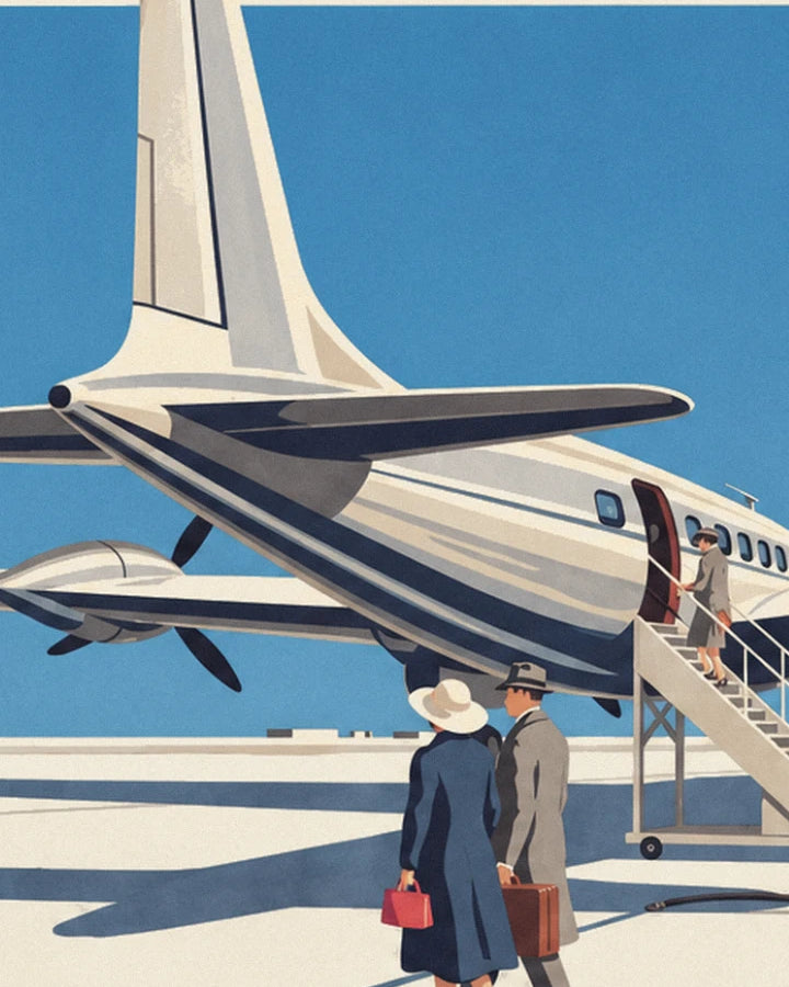 A couple in blue and grey coats at the foot of the aircraft steps, suitcases in hand