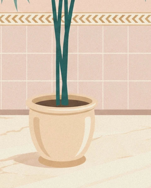 The beige clay pot and the palm stems, on the pink tiles and marble floor