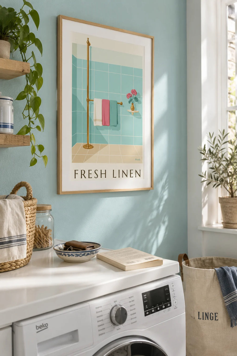 Poster of folded towels on a brass towel rail: framed on the wall