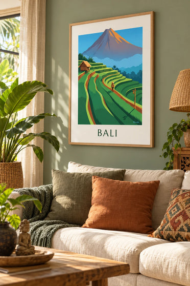 Plakát rýžových teras na Bali a hory Agung za východu slunce: plakát v rámu na zdi
