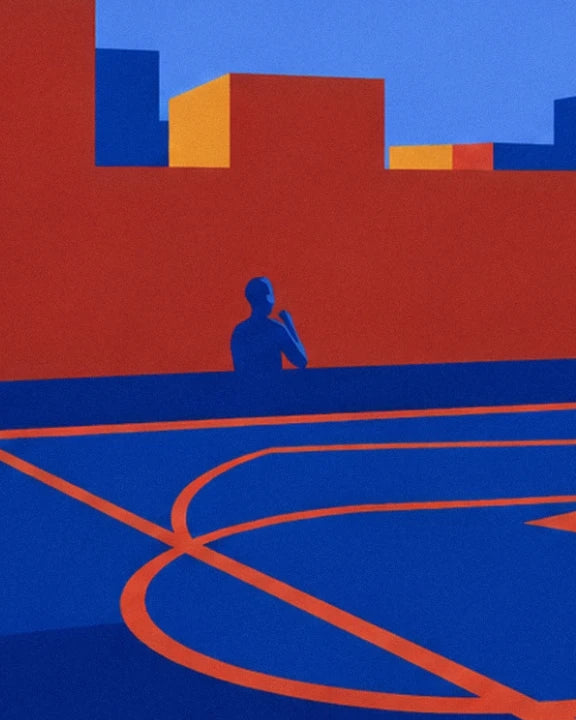 Une silhouette bleue devant un mur rouge et les lignes orange du terrain