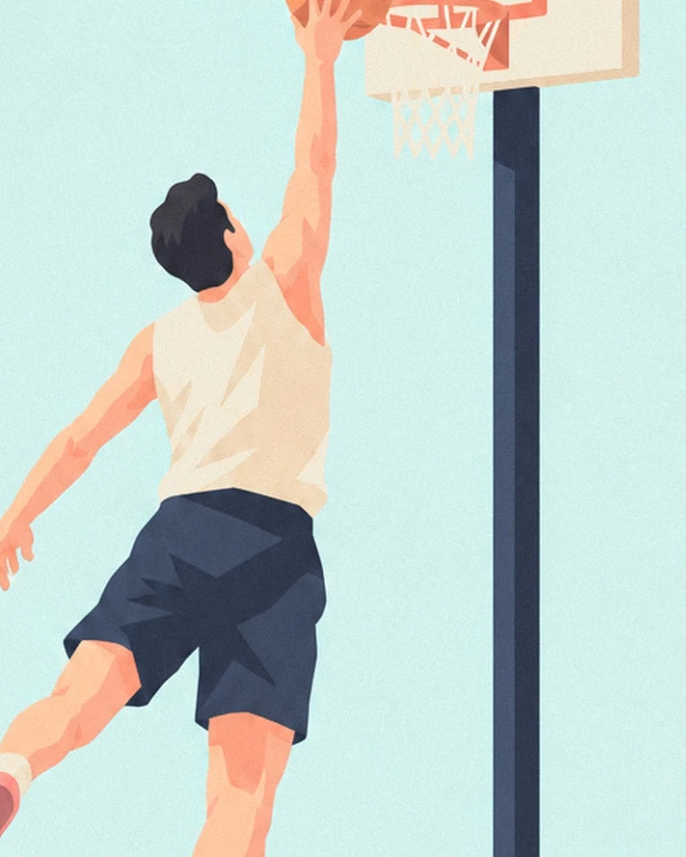 Basketball player soaring to the hoop for a dunk poster: close-up detail