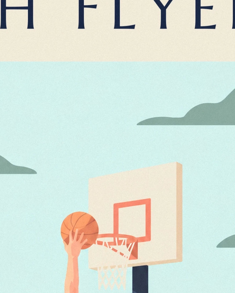 Basketball player soaring to the hoop for a dunk poster: close-up detail