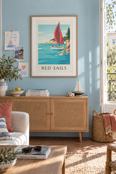 Poster of a Catalan boat with red lateen sails: framed on the wall