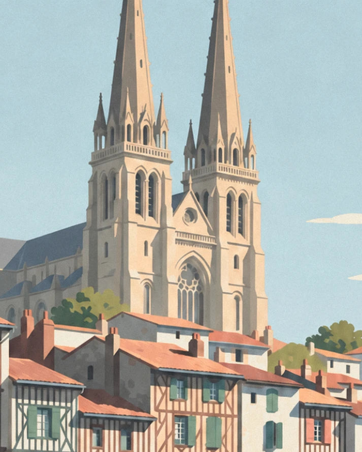 Les 2 flèches de la cathédrale au-dessus des toits de tuiles orangées