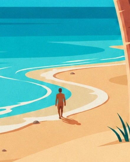Un personnage marchant sur la plage dorée, le long des vagues turquoise