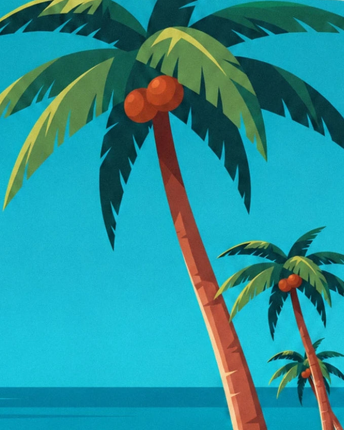 Des cocotiers aux palmes vertes et aux noix orangées face à la mer turquoise