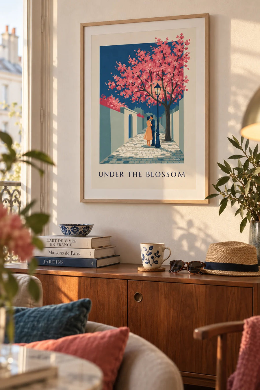 Affiche couple sous un lampadaire et un cerisier en fleurs : encadrée au mur