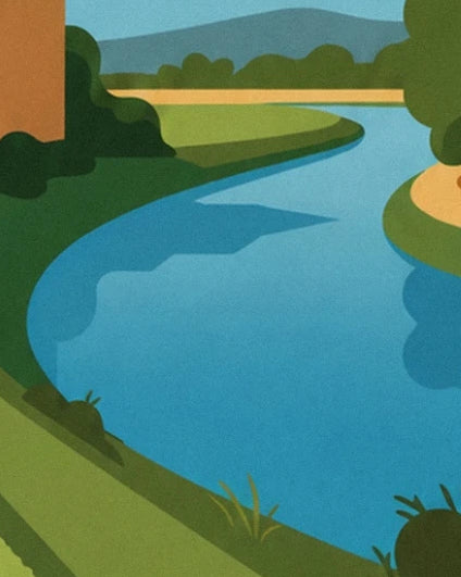 The blue river curving between green banks below the château