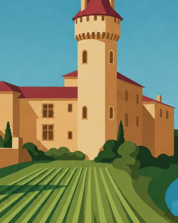 The golden château with a round tower and red roof in front of rows of vines