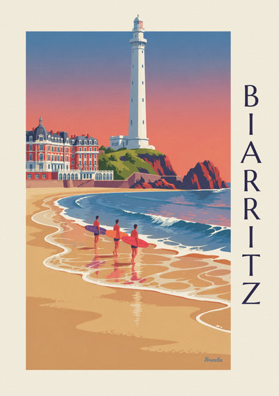Plakát surfaři a longboardy před Hôtel du Palais v Biarritzu: celý plakát