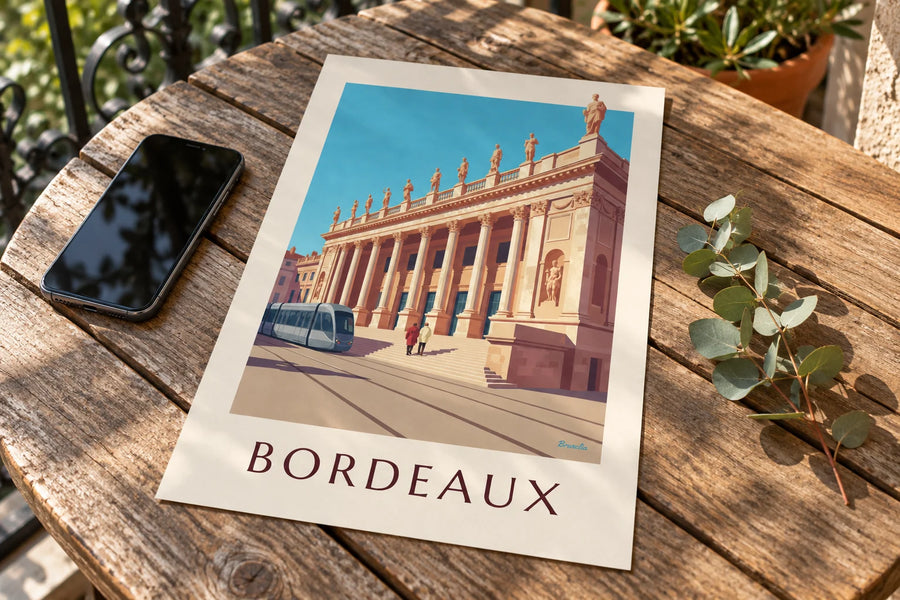 Plakát Grand Théâtre a náměstí Place de la Comédie v Bordeaux: položený na stole