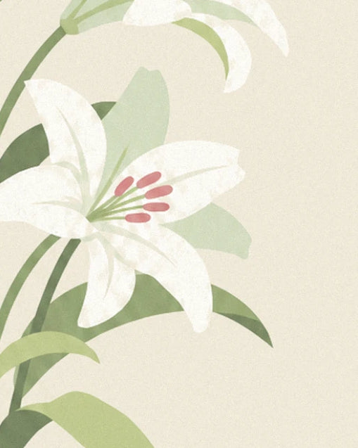 A white lily in full bloom with pink stamens, among soft green leaves