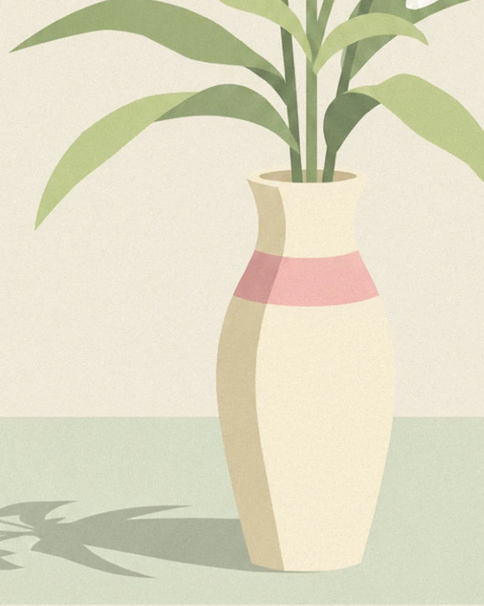 The large cream vase with a pink band and its shadow cast on the green table