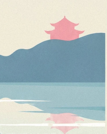 La pagode rose au sommet de la colline bleue, avec son reflet dans le lac