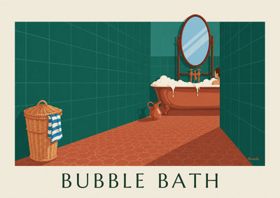 Affiche salle de bain verte, baignoire en cuivre et panier en osier : l'affiche entière