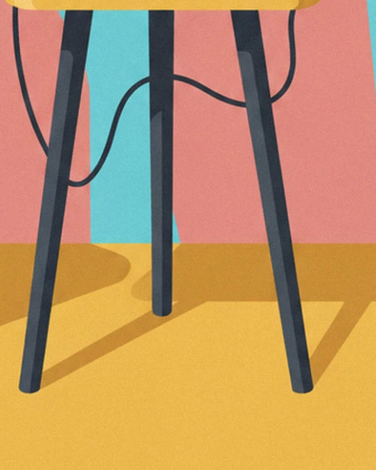 The 3 black legs of the ironing board and the cord winding across the yellow floor