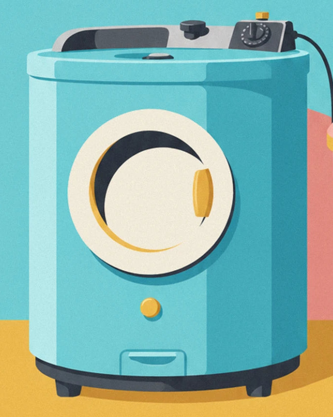 The blue washing machine with its cream porthole door, yellow button and drawer