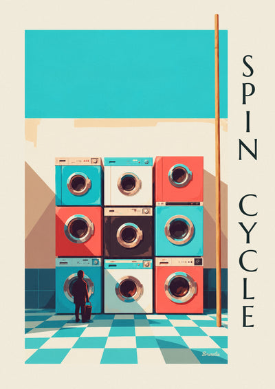 Affiche grille de 9 machines à laver colorées : l'affiche entière