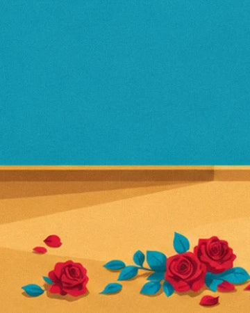 The red roses and their turquoise leaves on the golden stage floor