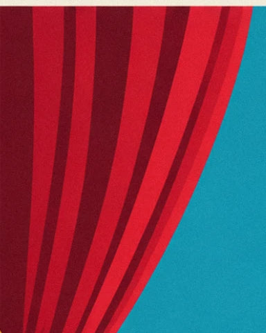 The red and burgundy folds of the cabaret curtain against a turquoise blue background