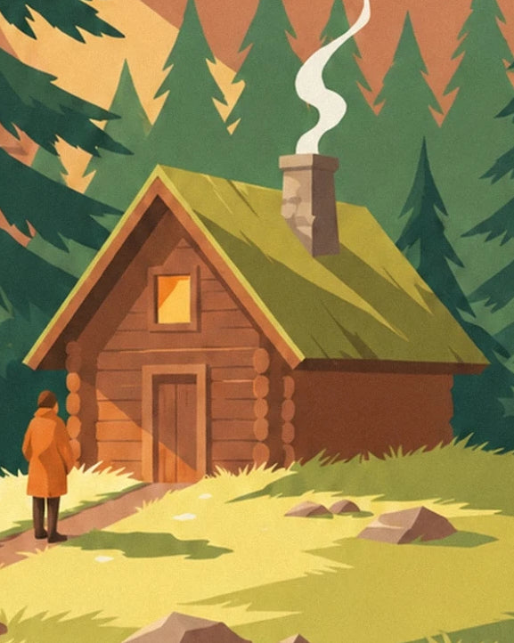 La cabane en bois au toit vert et sa cheminée fumante, entourée de pins
