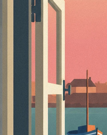 An open window with a cream frame overlooking the harbour and a sailing boat beneath a pink sky