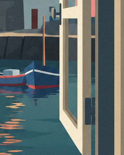 The open window casement overlooking 2 blue and red rowing boats moored in the harbour